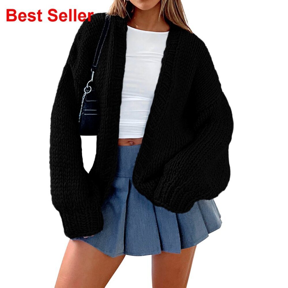 Chunky Knit Cardigan, Open Front, Shawl Collar, Loose Fit, Long Sleeve, Women's
